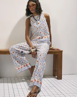 Blue Printed Linen Blend Wide Leg Trouser