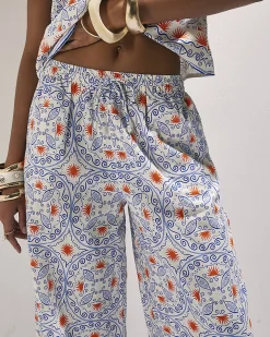 Blue Printed Linen Blend Wide Leg Trouser