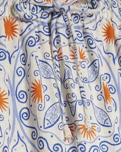 Blue Printed Linen Blend Wide Leg Trouser