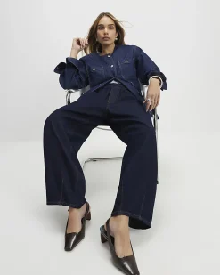 Blue Pull On Barrel Leg Jeans
