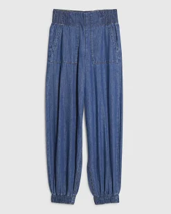 Blue Pull On Elasticated Cuffed Denim Joggers