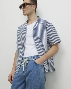 Blue Regular Fit Crochet Stripe Shirt