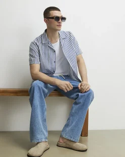 Blue Regular Fit Crochet Stripe Shirt