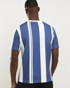 Blue Regular Fit Stripe Textured T-Shirt
