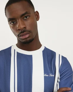 Blue Regular Fit Stripe Textured T-Shirt