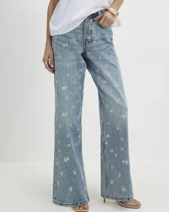Blue Relaxed Straight Daisy Floral Jeans
