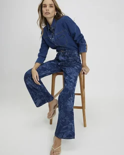 Blue Relaxed Straight Floral Print Jeans