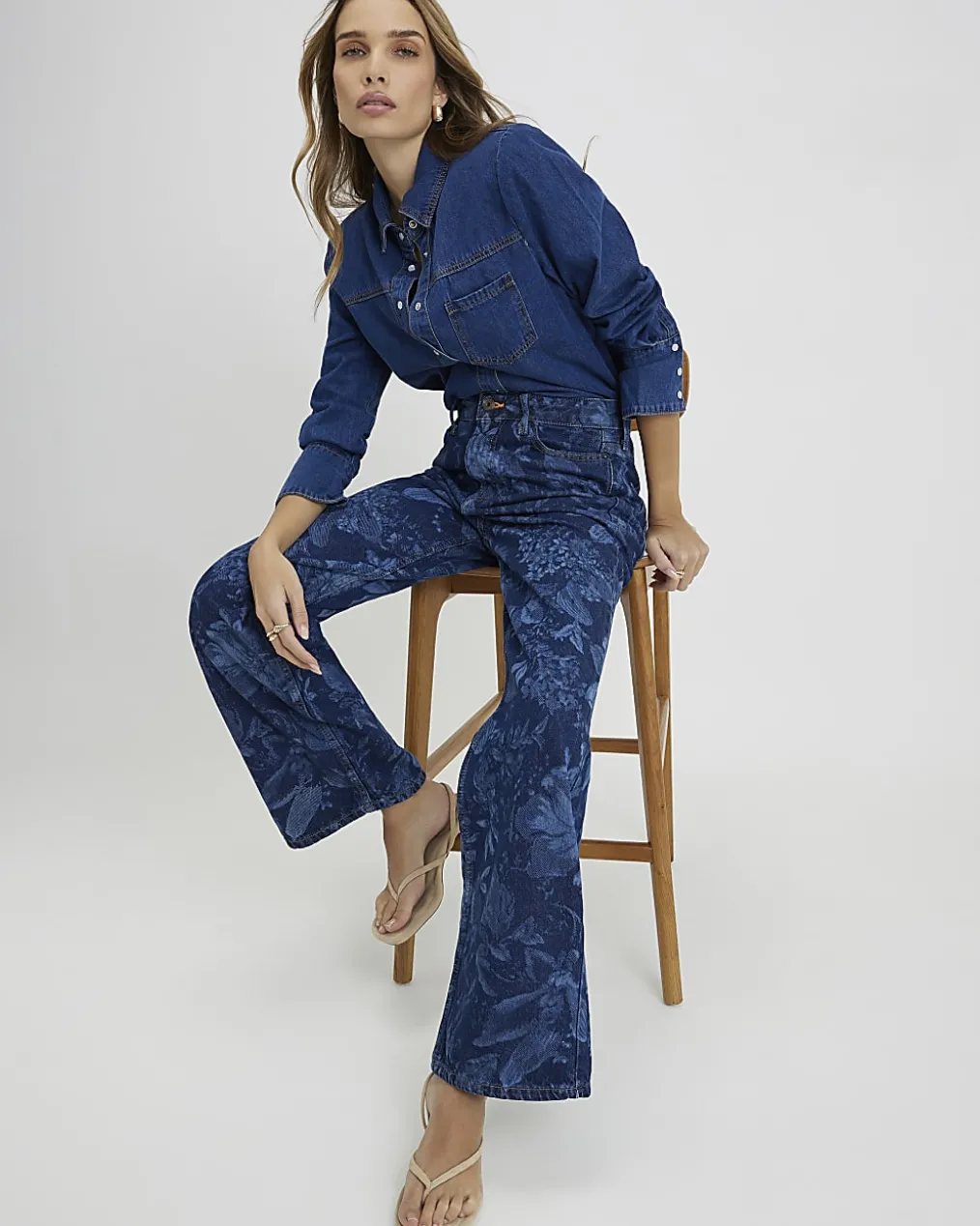 Blue Relaxed Straight Floral Print Jeans