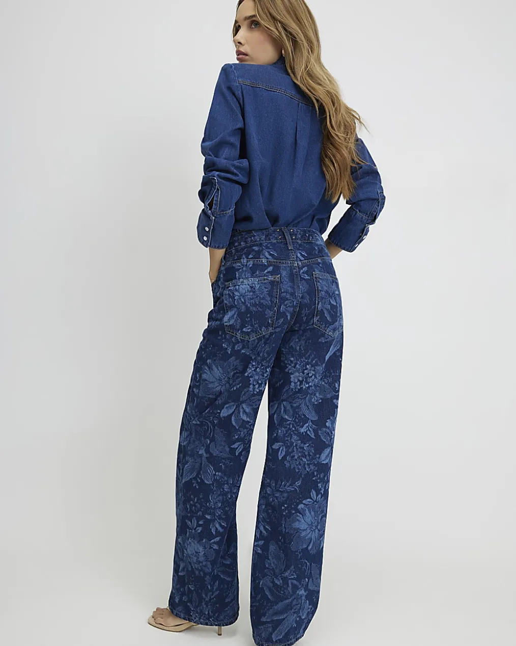 Blue Relaxed Straight Floral Print Jeans