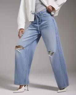 Blue Ripped Drawstring Balloon Leg Jeans