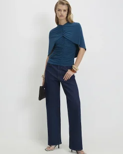 Blue Ruched Cape Front Top