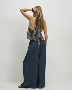 Blue Satin Elasticated Flowing Trousers