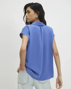 Blue Satin Short Sleeve Shirt