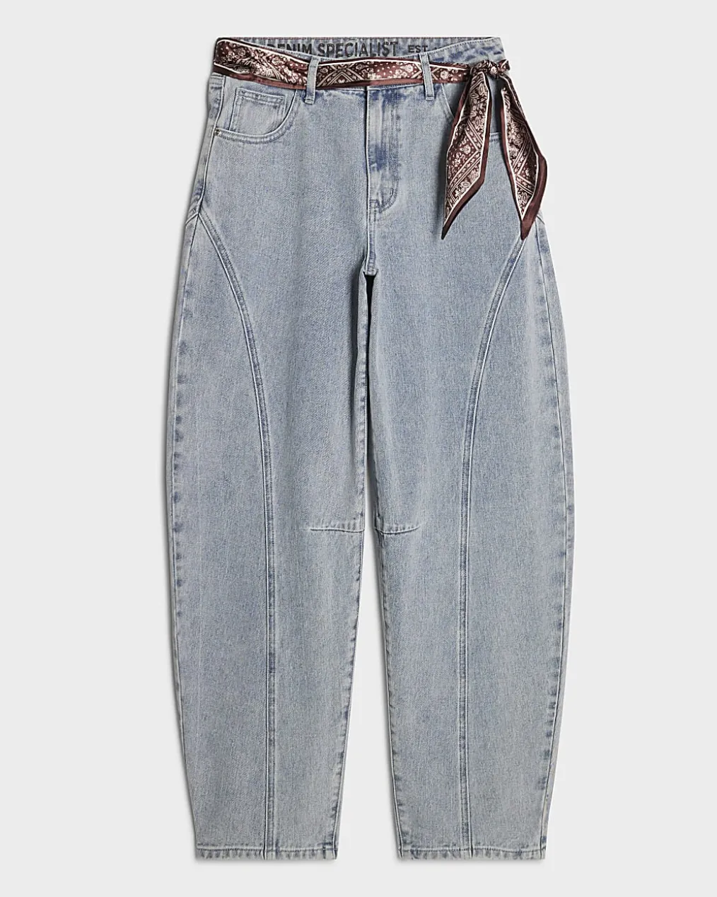 Blue Scarf Detail Seamed Barrel Leg Jeans