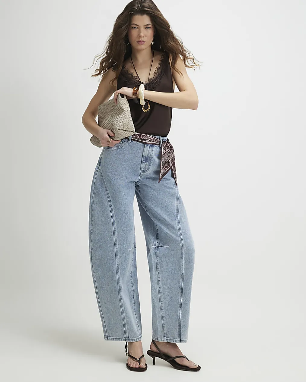 Blue Scarf Detail Seamed Barrel Leg Jeans