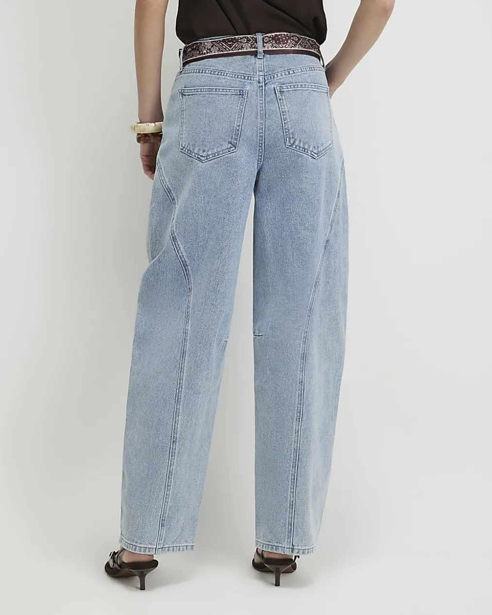 Blue Scarf Detail Seamed Barrel Leg Jeans