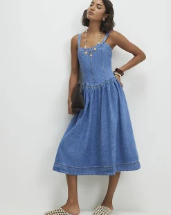 Blue Seamed Midi Denim Swing Dress