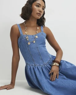 Blue Seamed Midi Denim Swing Dress