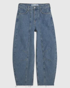 Blue Seamed Raw Hem Barrel Leg Jeans