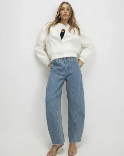 Blue Seamed Raw Hem Barrel Leg Jeans