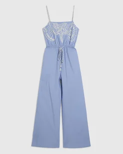 Blue Shell Embroidered Tie Waist Jumpsuit