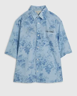 Blue Short Sleeve Floral Printed Cotton Shirt