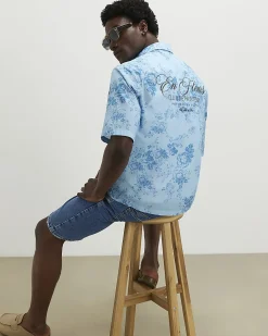 Blue Short Sleeve Floral Printed Cotton Shirt
