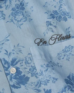 Blue Short Sleeve Floral Printed Cotton Shirt