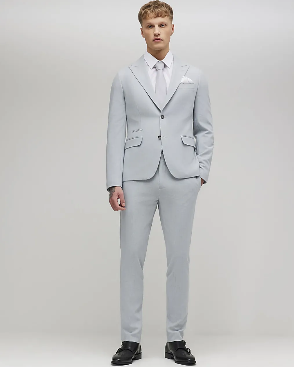 Blue Skinny Fit Micro Check Suit Trousers