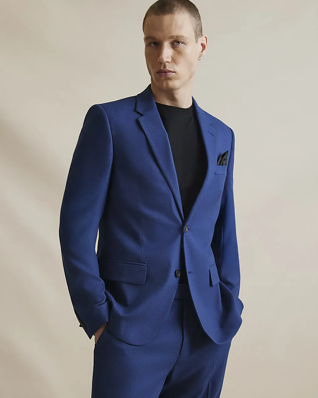 Blue Skinny Fit Stretch Textured Suit Jacket