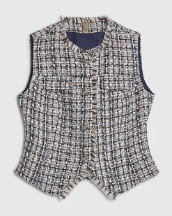 Blue Sleeveless Boucle Fringed Waistcoat