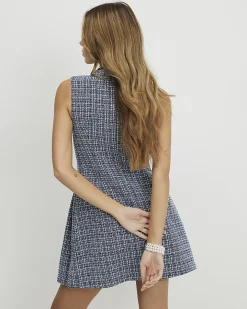 Blue Sleeveless Boucle Pleated Hem Mini Dress