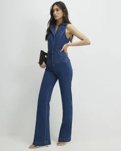 Blue Sleeveless Denim Jumpsuit