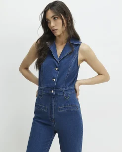 Blue Sleeveless Denim Jumpsuit