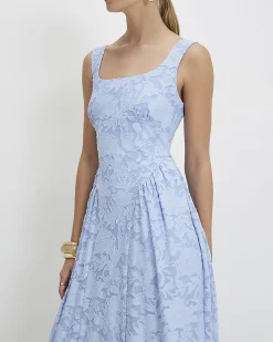 Blue Sleeveless Devore Burnout Midi Dress