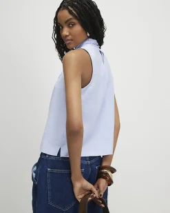 Blue Sleeveless Pussybow Blouse