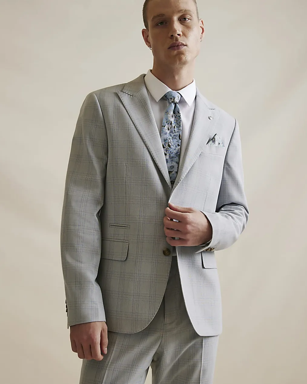 Blue Slim Fit Check Suit Jacket