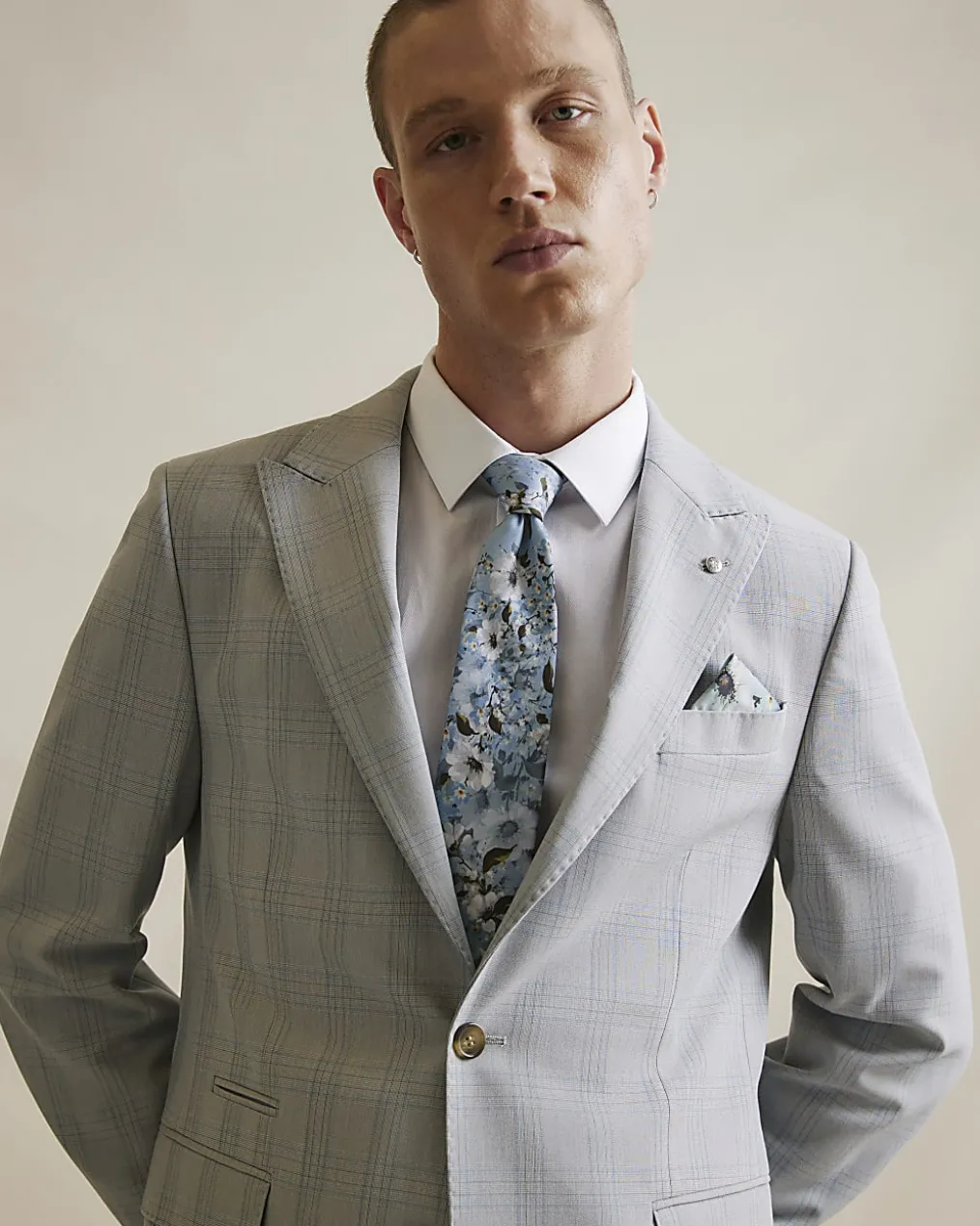 Blue Slim Fit Check Suit Jacket