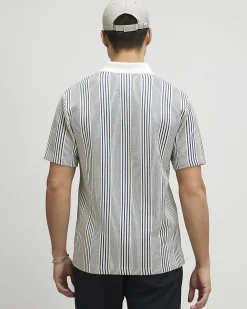 Blue Slim Fit Stripe Open Neck Polo Shirt