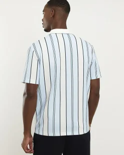 Blue Slim Fit Textured Stripe Polo Shirt