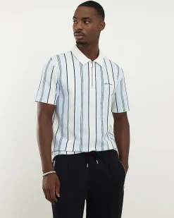 Blue Slim Fit Textured Stripe Polo Shirt