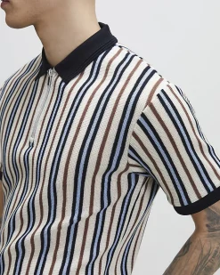 Blue Slim Fit Zip Neck Stripe Polo Shirt