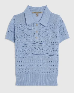 Blue Stitched Knit Polo Top