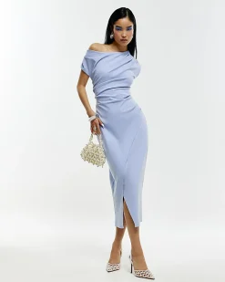 Blue Stretch Draped Midi Dress