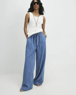 Blue Stripe Wide Leg Paperbag Jeans