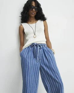 Blue Stripe Wide Leg Paperbag Jeans