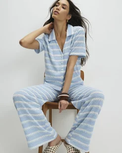 Blue Striped crochet Wide Leg Trousers