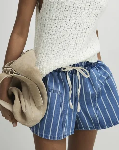 Blue Striped Denim Shorts
