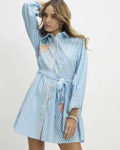 Blue Striped Embroidered Shirt Mini Dress