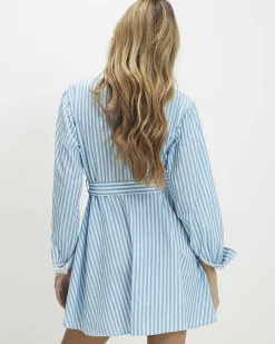 Blue Striped Embroidered Shirt Mini Dress